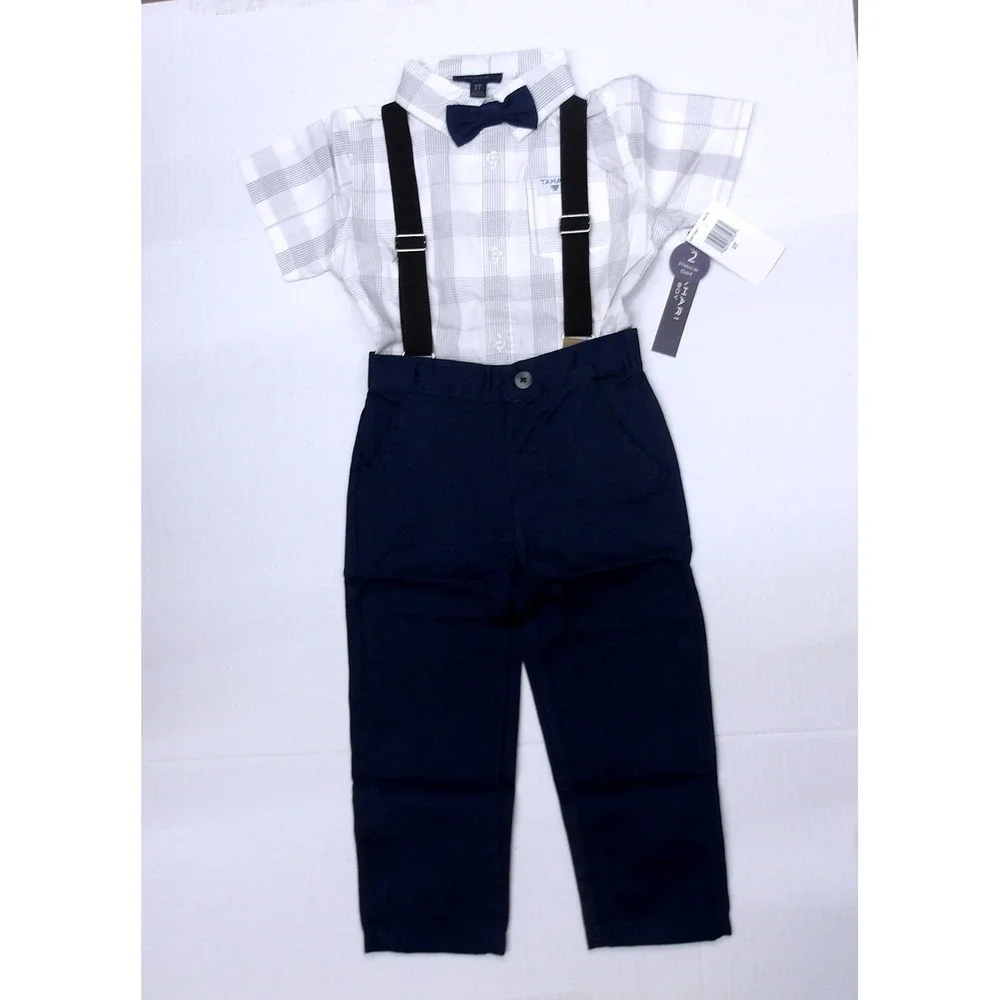 Tahari Boy 4-Piece Set‎ Navy Plaid Shirt Pants Suspenders Bow Tie Sz 3T /#26559